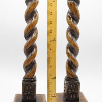Pair of Solid Wooden Spiral Flower Motif Vintage English Farmhouse Style Candle Stick Holders