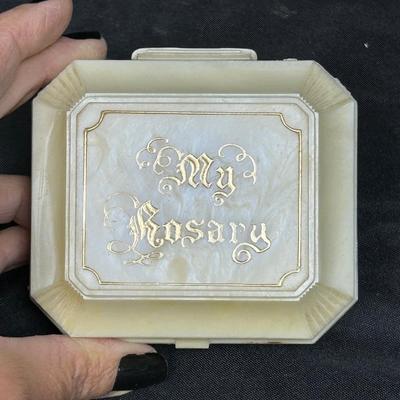 Vintage My Rosary Plastic Jewelry Trinket Keepsake Box with Various Religious Spiritual Charms and Crosses