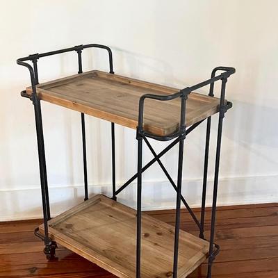 Rolling Bar Cart With Natural Wood Finish Shelves and Metal Frame