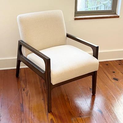 Mid Century Cream Linen & Wood Armchair