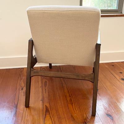 Mid Century Cream Linen & Wood Armchair