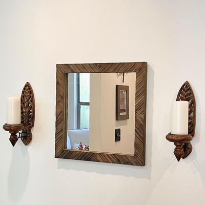 STONEBRIAR COLLECTION ~ Wooden Chevron Mirror ~ Pair (2) Wood Ornate Sconces