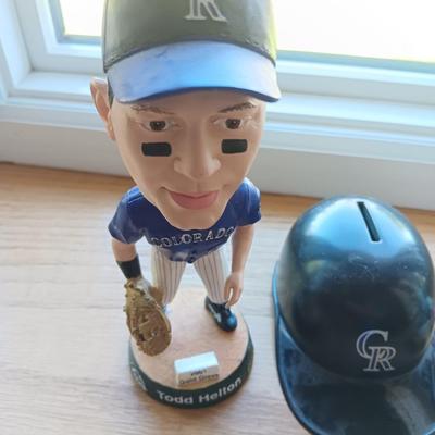 LARRY WALKER AND TODD HELTON BOBBLEHEADS WITH BANK HELMET