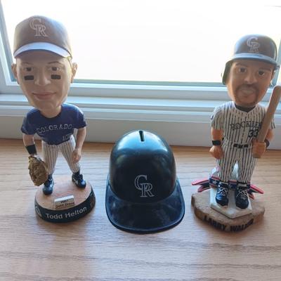 LARRY WALKER AND TODD HELTON BOBBLEHEADS WITH BANK HELMET