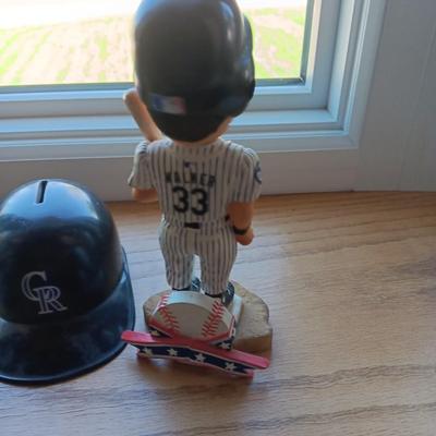 LARRY WALKER AND TODD HELTON BOBBLEHEADS WITH BANK HELMET