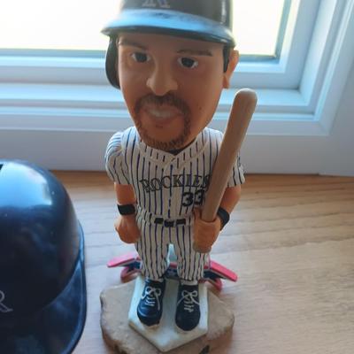 LARRY WALKER AND TODD HELTON BOBBLEHEADS WITH BANK HELMET