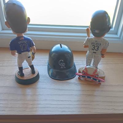 LARRY WALKER AND TODD HELTON BOBBLEHEADS WITH BANK HELMET