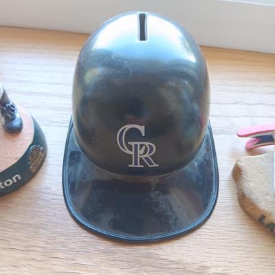 LARRY WALKER AND TODD HELTON BOBBLEHEADS WITH BANK HELMET