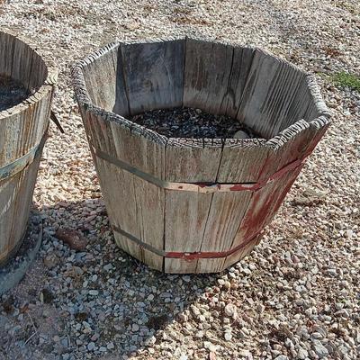 THREE WOODEN PLANTER BARRELS