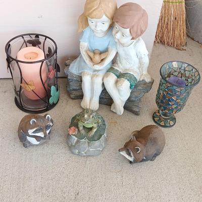 YARD / GARDEN ANIMALS AND BOY AND GIRL WITH CANDLE SCONCES