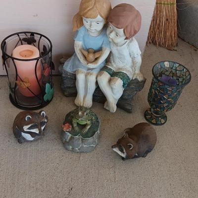YARD / GARDEN ANIMALS AND BOY AND GIRL WITH CANDLE SCONCES