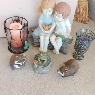 YARD / GARDEN ANIMALS AND BOY AND GIRL WITH CANDLE SCONCES