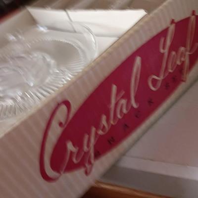 TWO VINTAGE CRYSTAL LEAF SNACK PLATES WITH MUGS