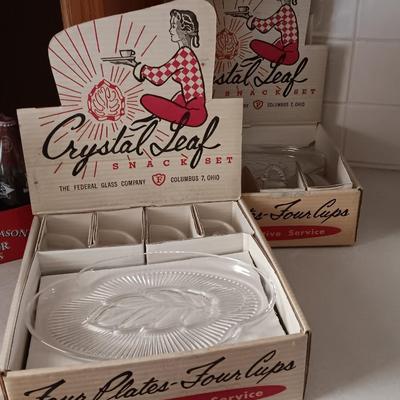 TWO VINTAGE CRYSTAL LEAF SNACK PLATES WITH MUGS