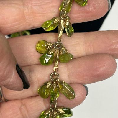 Vintage Gold Tone Rough Polish Peridot Dangling Necklace with Matching Earrings