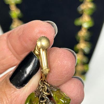 Vintage Gold Tone Rough Polish Peridot Dangling Necklace with Matching Earrings