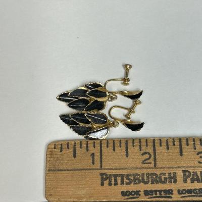 Black and Gold Tone Metal Leaf Shape Dangling Screw Back Earrings