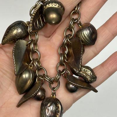 Vintage Gold Tone Leaves and Mixed Nuts Charm Bracelet