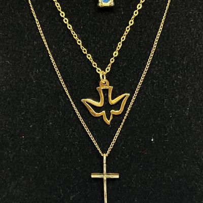 Lot of Three Gold Tone Spiritual Religious Charm Necklaces Cross and Dove