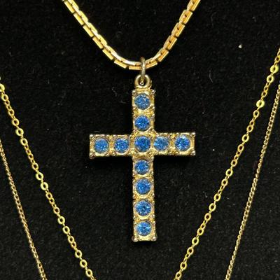Lot of Three Gold Tone Spiritual Religious Charm Necklaces Cross and Dove