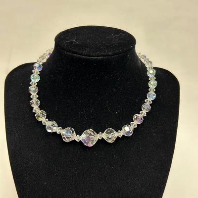 Vintage AB Iridescent Faceted Glass Bead Choker Style Necklace