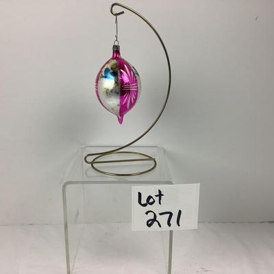 Lot 271 Hand Blown Vintage Pink/Silver Christmas Ornament, made in Poland