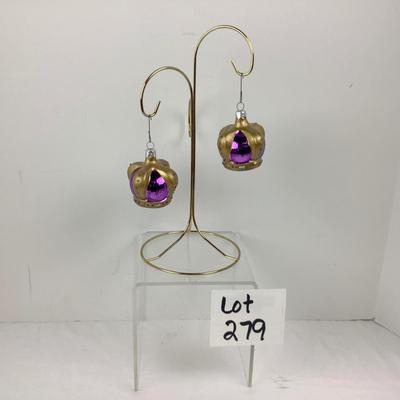 Lot 279 Pair of Vintage Blown Glass Purple Crown Ornaments