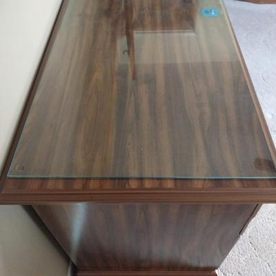 WOODEN SEVEN DRAWER DESK AND WOODEN CHAIR