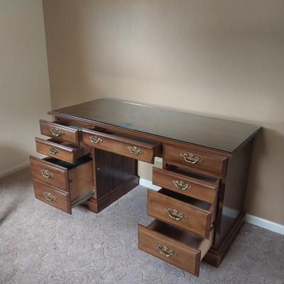 WOODEN SEVEN DRAWER DESK AND WOODEN CHAIR