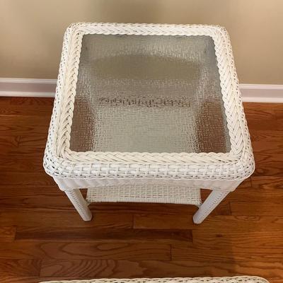 White Wicker Faux Rattan Chairs, Glass Top Tables & Ottoman (LR-MG)