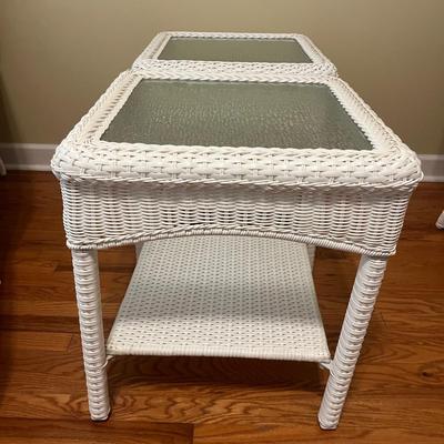 White Wicker Faux Rattan Chairs, Glass Top Tables & Ottoman (LR-MG)