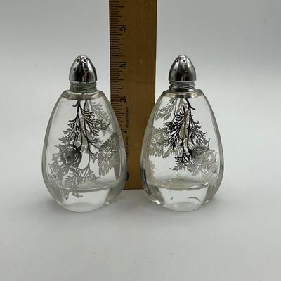 Pair of Vintage Silver Over Glass Floral Pattern Salt and Pepper Shakers