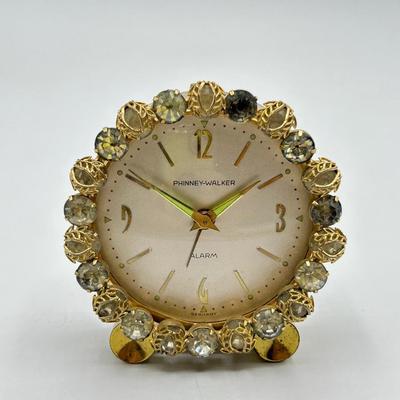 Vintage Regency Style Wind Up Alarm Clock Rhinestone Face Pale Pink & Gold Tone Metal Phinney-Walker