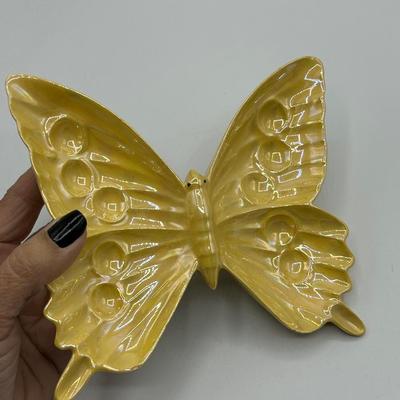 Vintage Retro Yellow Iridescent Finish Butterfly Shaped Trinket Dish