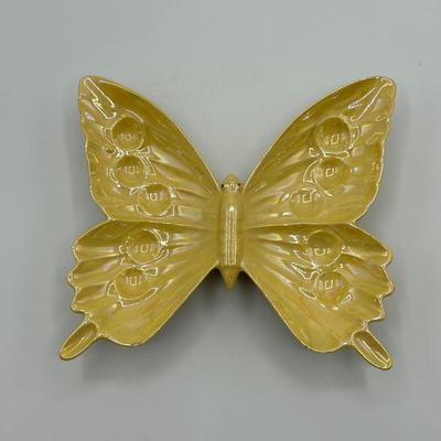 Vintage Retro Yellow Iridescent Finish Butterfly Shaped Trinket Dish