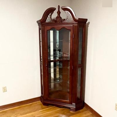 Solid Wood Lighted Mirrored Corner Curio Cabinet