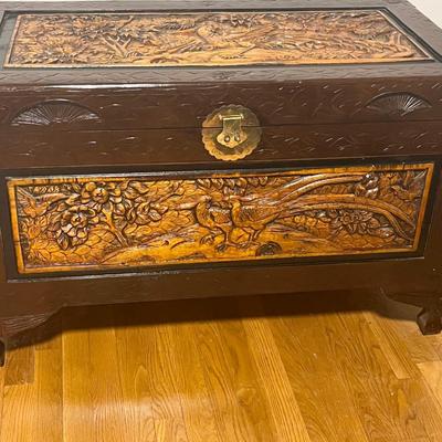 Hand Carved Asian Camphor Wood Two Tone Storage Chest