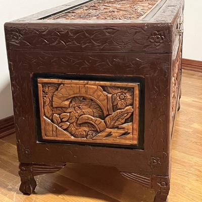 Hand Carved Asian Camphor Wood Two Tone Storage Chest