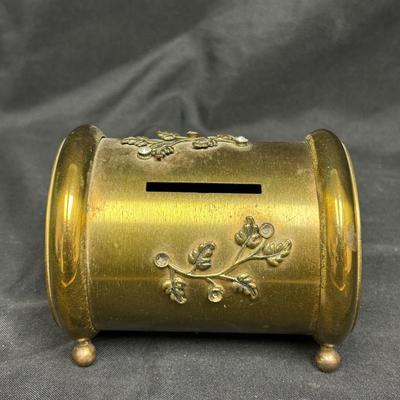 Vintage Brushed Brass Hollywood Regency Glam Coin Bank Footed with Rhinestones