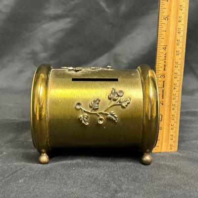 Vintage Brushed Brass Hollywood Regency Glam Coin Bank Footed with Rhinestones