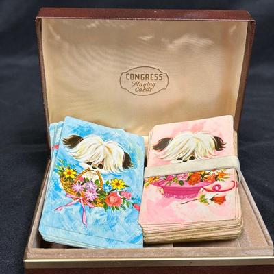Vintage Pink and Blue Puppy with Flower Basket Playing Cards in Hinged Lid Storage Box