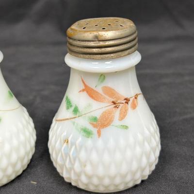 Pair of Vintage Hand Painted Flower Pattern Milk Glass Shakers