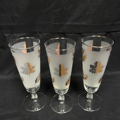 Set of Three Midcentury Vintage Golden Foilage Pilsner Footed Drink Glasses Libbey