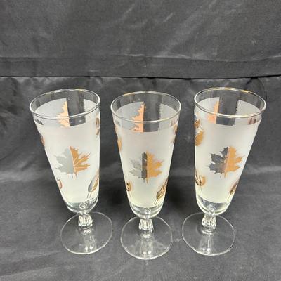 Set of Three Midcentury Vintage Golden Foilage Pilsner Footed Drink Glasses Libbey