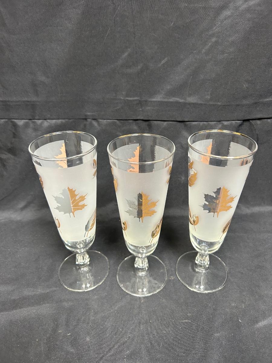 Set of Three Midcentury Vintage Golden Foilage Pilsner Footed Drink ...