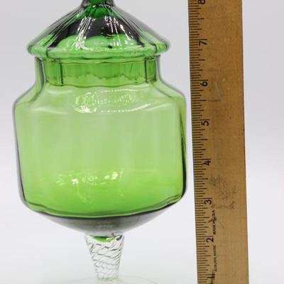 Vintage Green Art Glass Mid Century Stemmed Apothecary Candy Jar