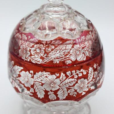 Vintage Flower Leaf Bird Motif MCM Cranberry Glass Apothecary Lidded Candy Jar
