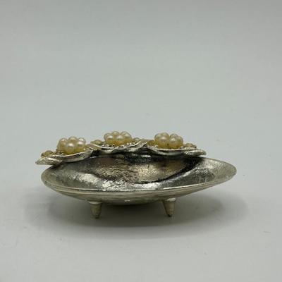 Vintage Seashell Shaped Footed Trinket Dish with Faux Pearl Adornment