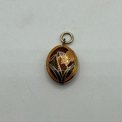 Small Cloisonne Style Pendant Charm Lily Flower Double Sided