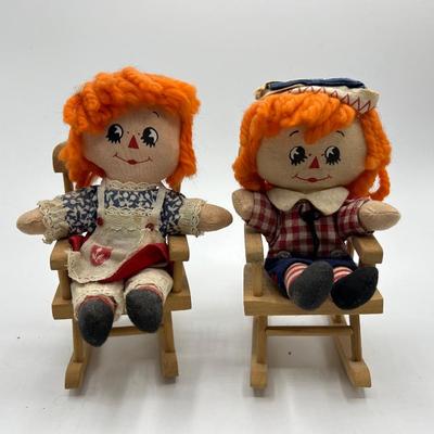 Vintage Mini Small Raggedy Ann & Andy Dolls with Wooden Rocking Chairs
